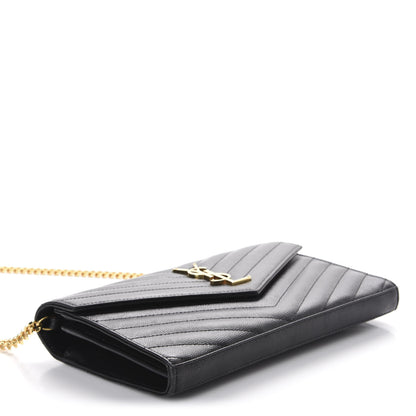 Saint Laurent Grain De Poudre Matelasse Chevron Monogram Chain Wallet Black 4 of 10