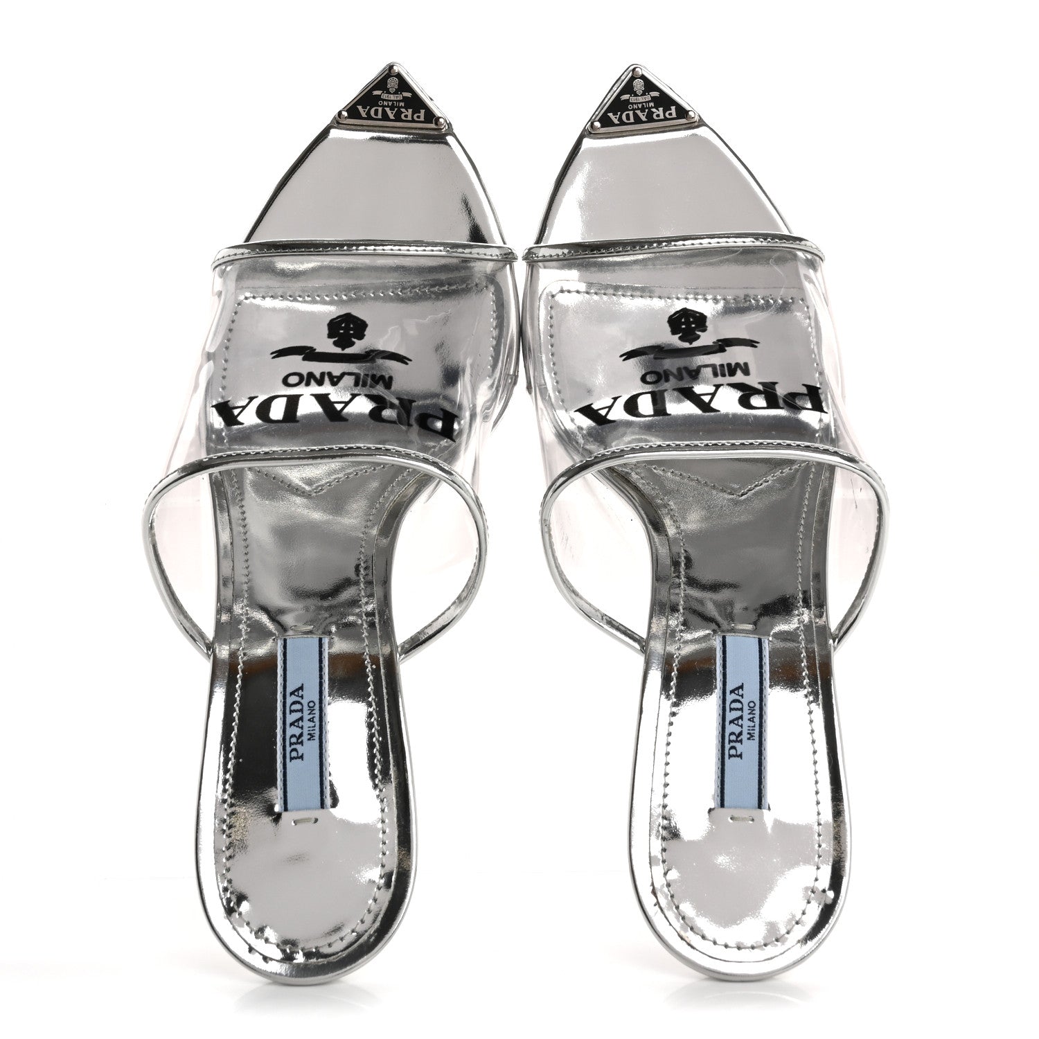 Prada Plexiglass Metallic Calfskin Metal Triangle Logo 75mm Slide Sandals 39 Argento 2 of 9