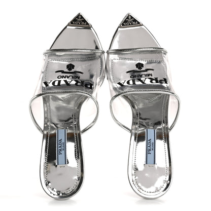 Prada Plexiglass Metallic Calfskin Metal Triangle Logo 75mm Slide Sandals 39 Argento 2 of 9