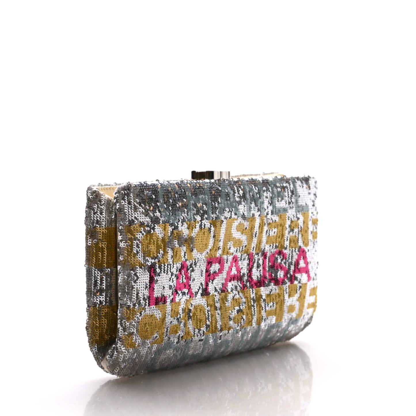 Sequin Satin Embroidered La Pausa Evening Clutch Silver Yellow Pink