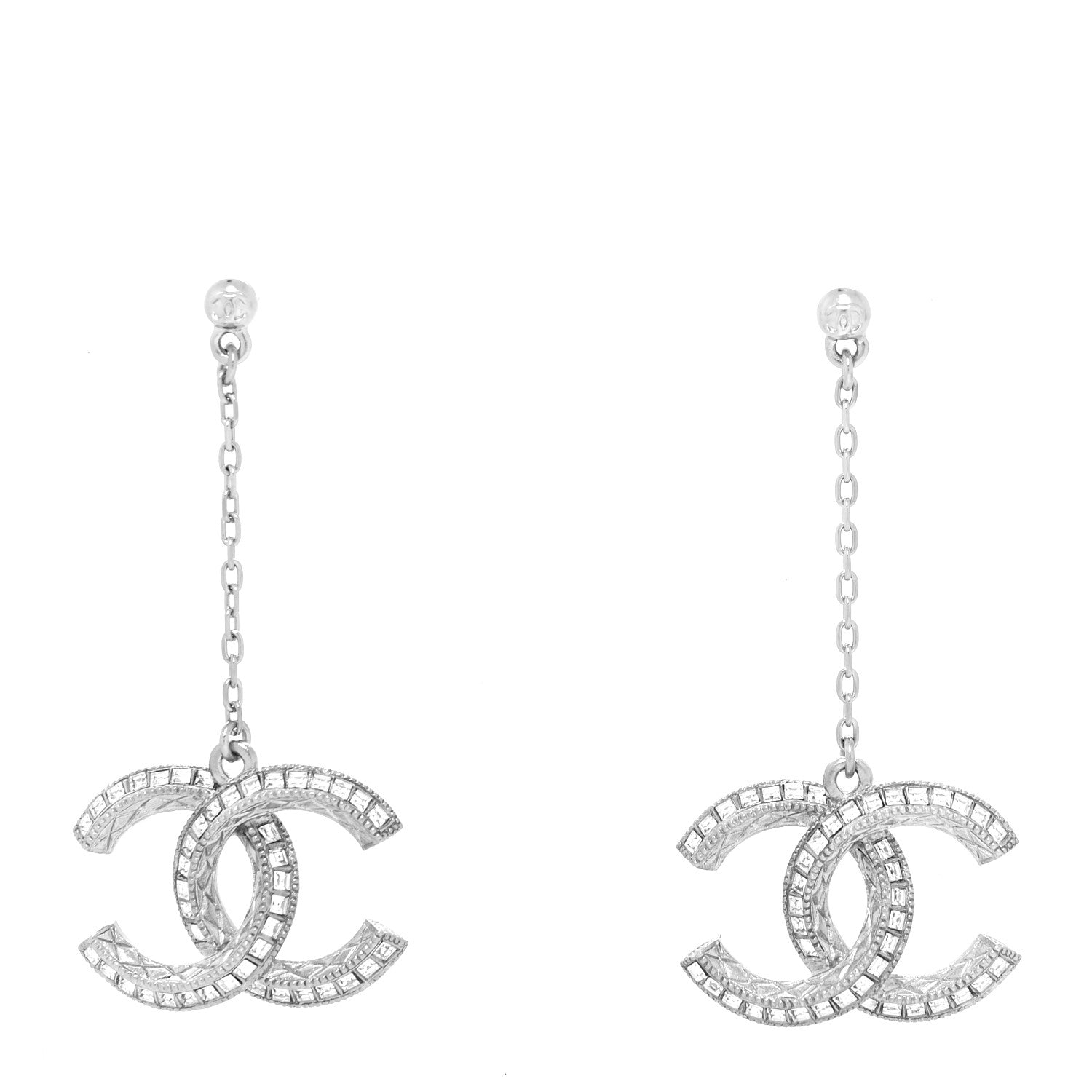 Chanel Baguette Crystal CC Drop Earrings Silver 1 of 4