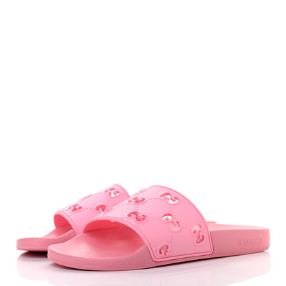 Gucci Rubber GG Monogram Perforated Womens Slide Sandals 38 Rose Box 3 of 8