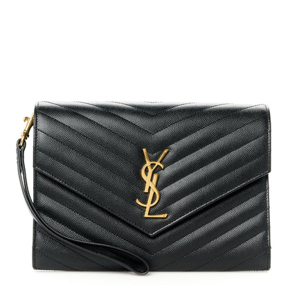 Saint Laurent Grain De Poudre Matelasse Chevron Monogram Envelope Clutch Black 1 of 11