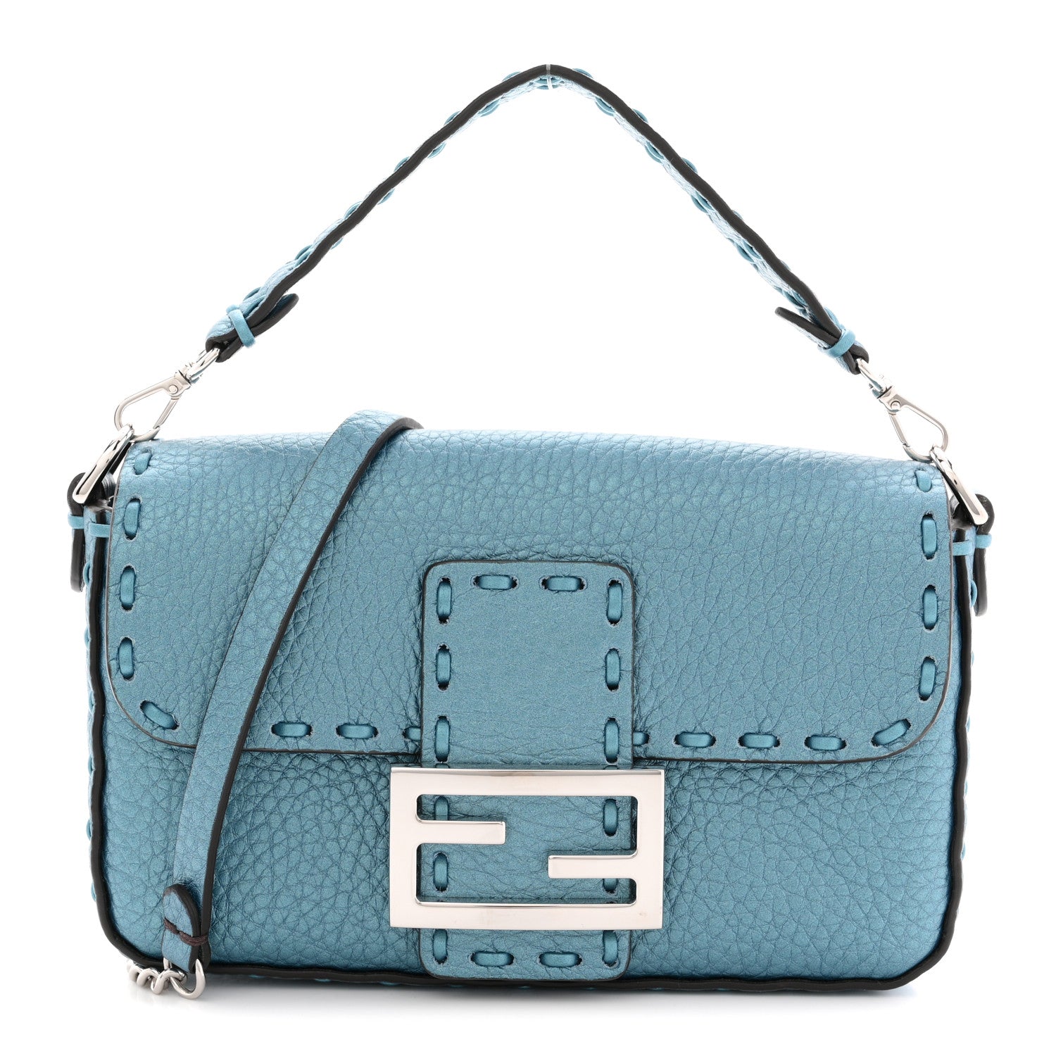 Fendi Metallic Cuoio Roma Sellerissima Nappa Sintetica Tape Stitch Mini Baguette Placca Argento 1 of 10