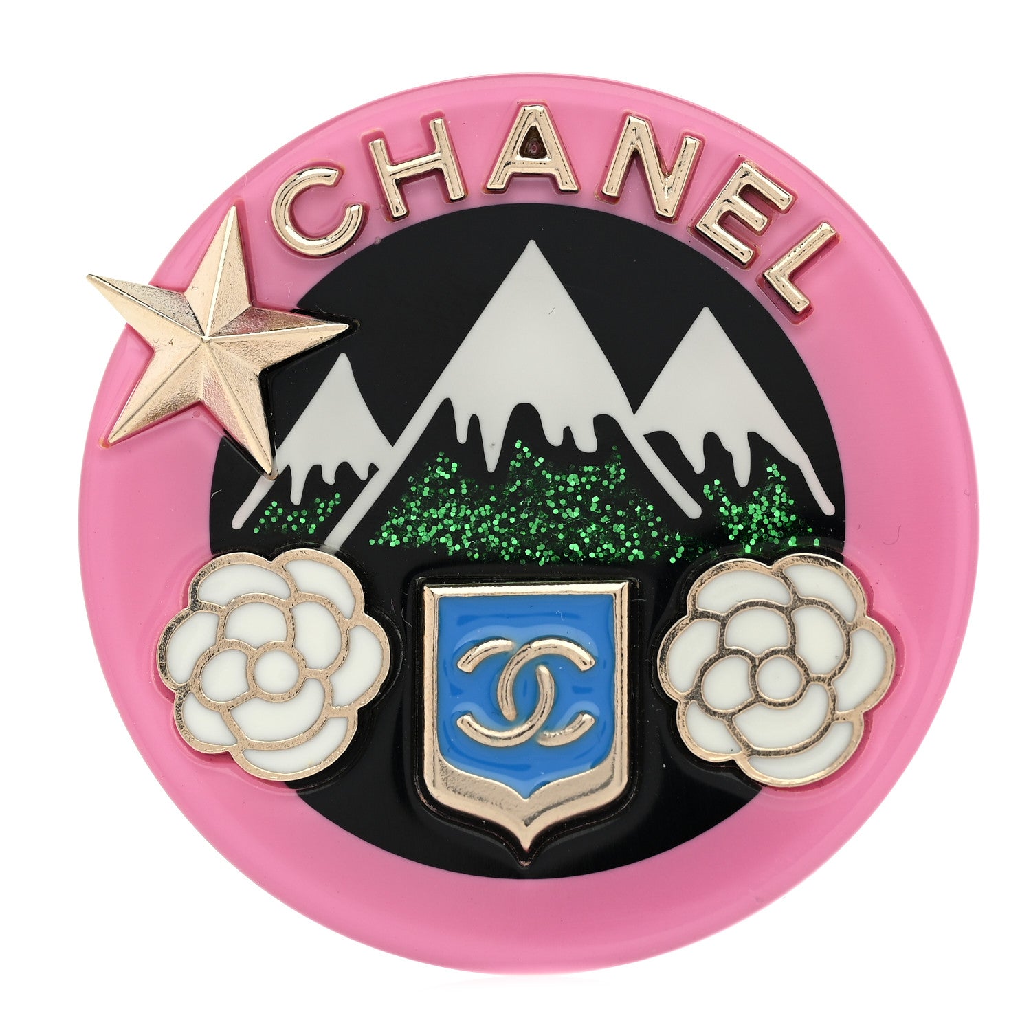 Chanel Resin Glitter Brooch Gold Pink Black Green 1 of 4