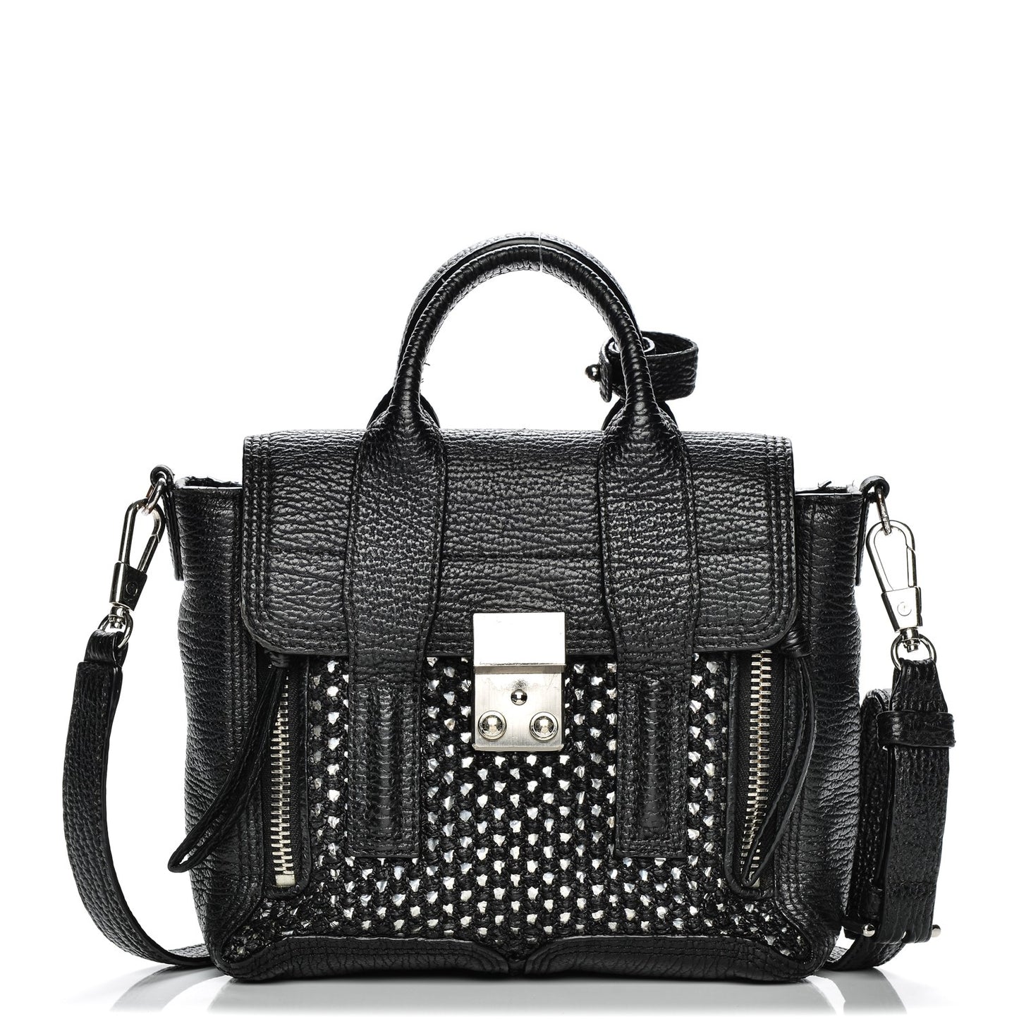 3.1 Textured Calfskin Woven Panel Mini Pashli Satchel Black Silver