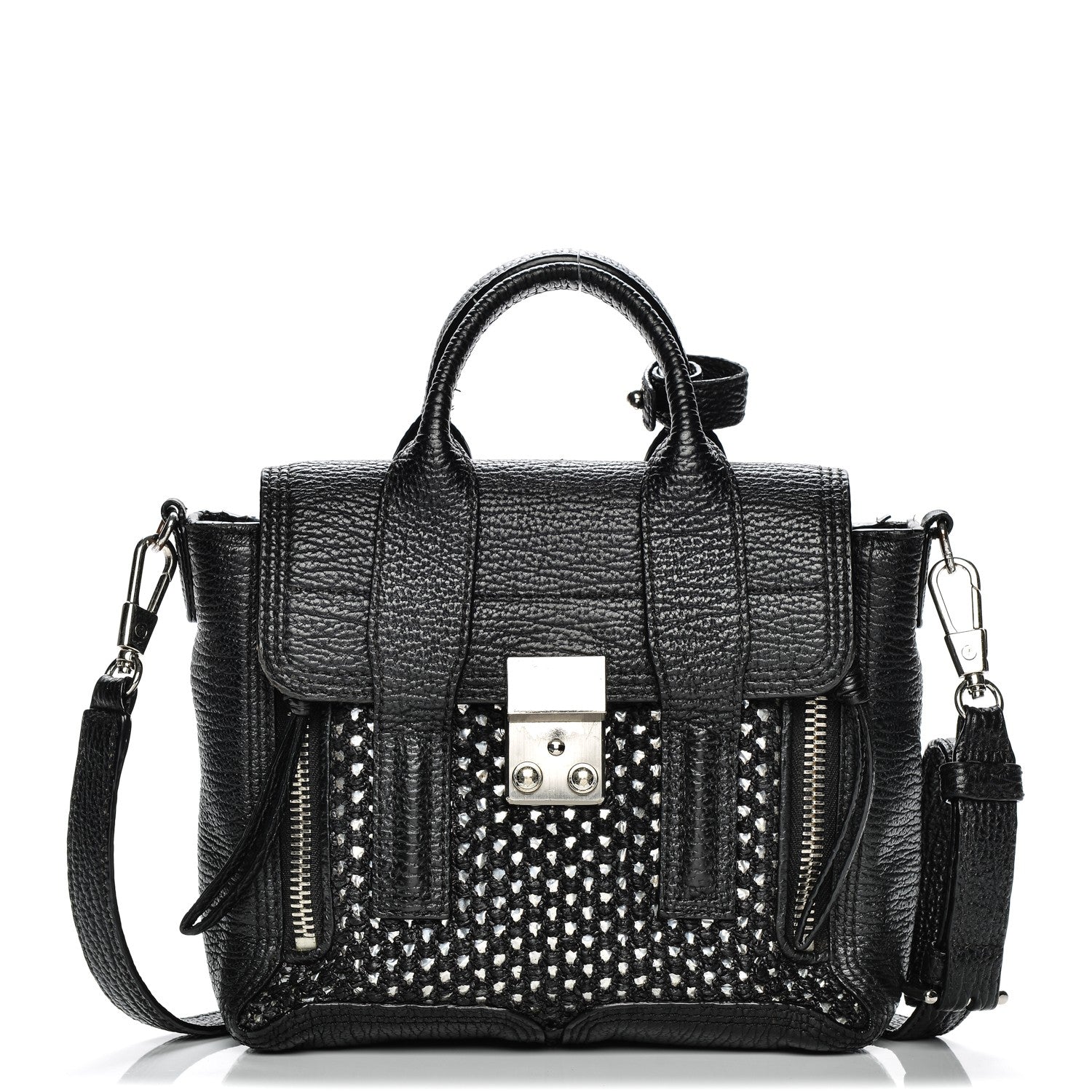 3.1 Phillip Lim 3.1 Textured Calfskin Woven Panel Mini Pashli Satchel Black Silver 1 of 10