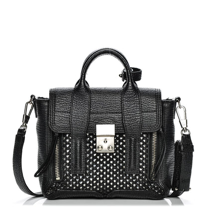 3.1 Phillip Lim 3.1 Textured Calfskin Woven Panel Mini Pashli Satchel Black Silver 1 of 10