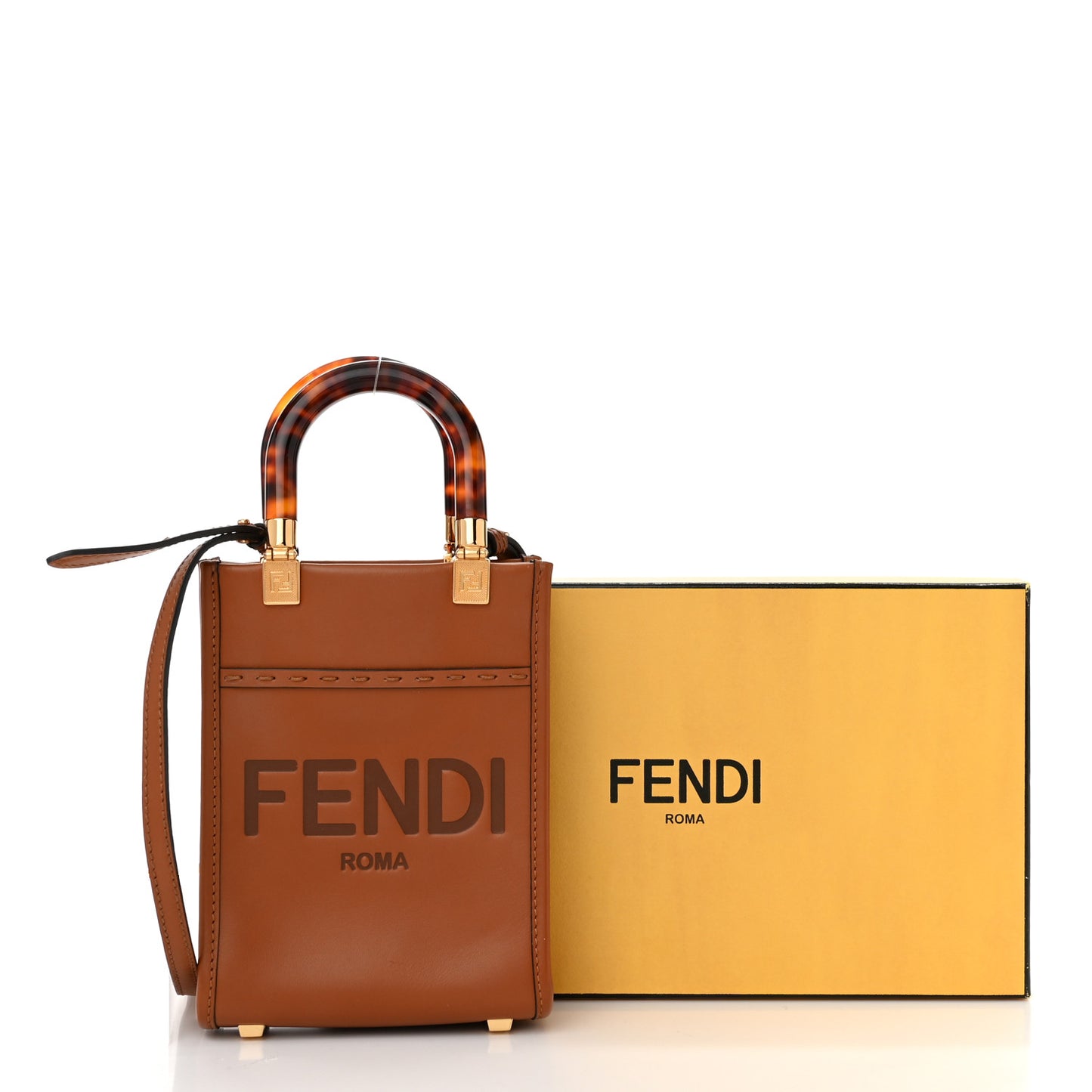 Vitello King Plexiglass Logo Embossed Mini Fendi Sunshine Shopper Tote Cuoio