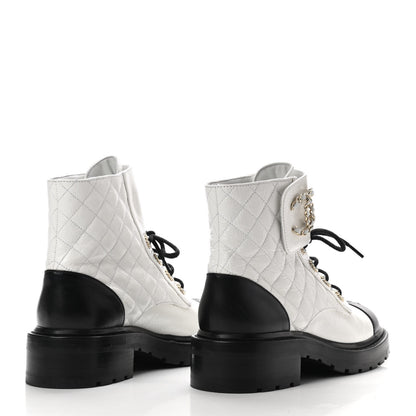 Chanel Shiny Goatskin Calfskin Quilted Lace Up Combat Boots 39 White Black 4 of 9