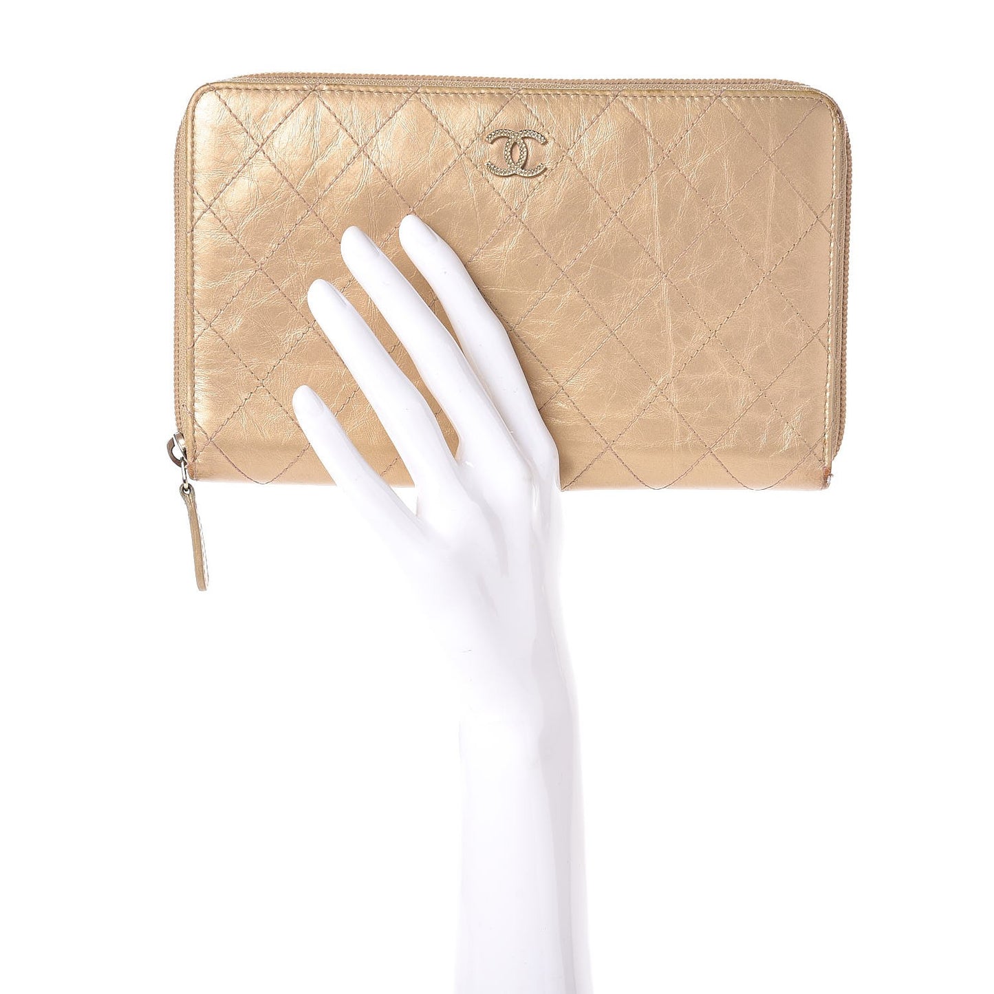 Metallic Aged Calfskin Quilted Palette Large Zip Around Organizer Wallet Gold