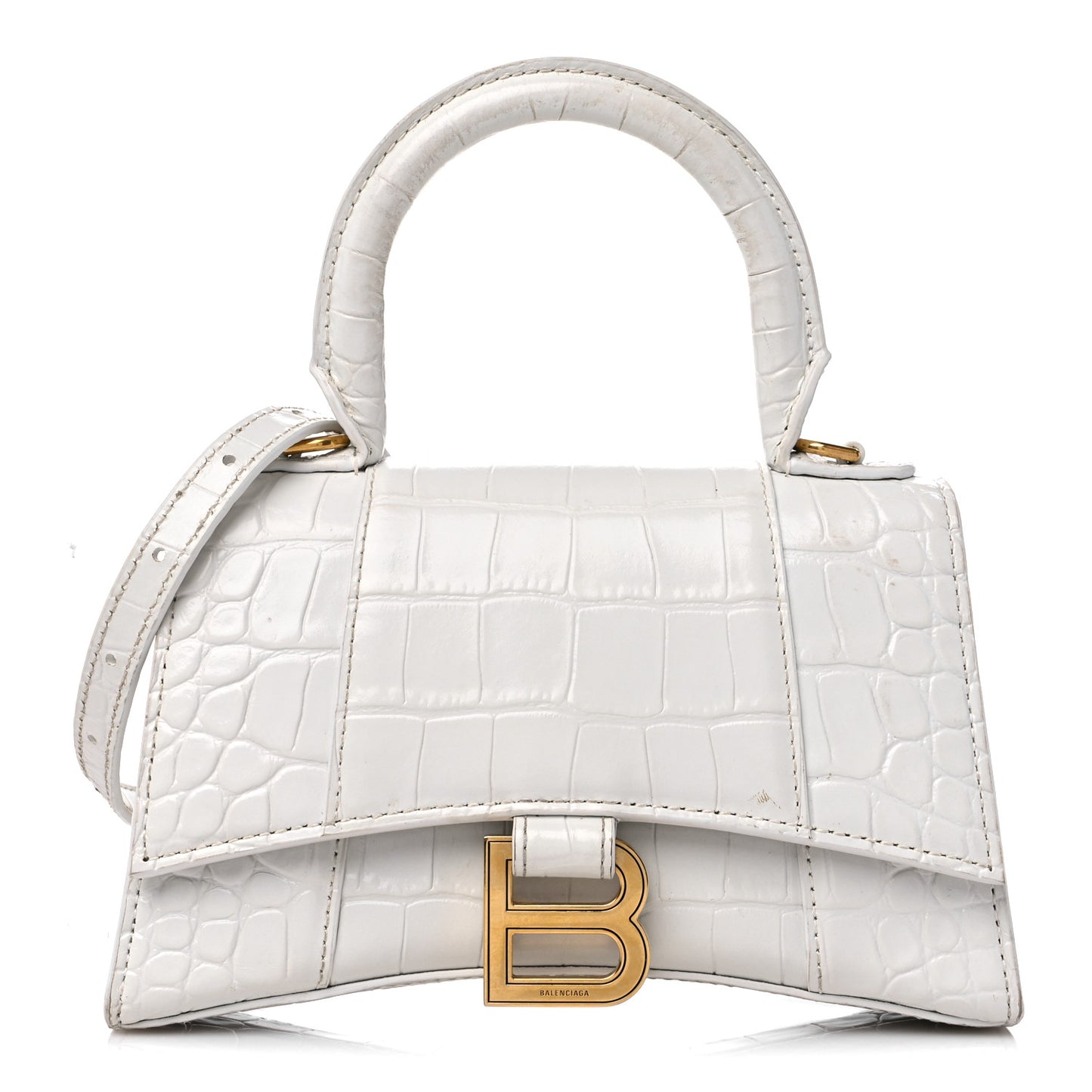 Shiny Calfskin Crocodile Embossed Hourglass Top Handle Bag XS White