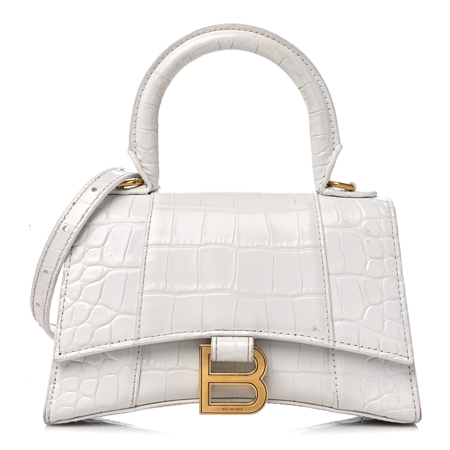 Balenciaga Shiny Calfskin Crocodile Embossed Hourglass Top Handle Bag XS White 1 of 16