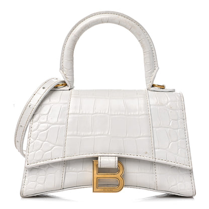 Balenciaga Shiny Calfskin Crocodile Embossed Hourglass Top Handle Bag XS White 1 of 16