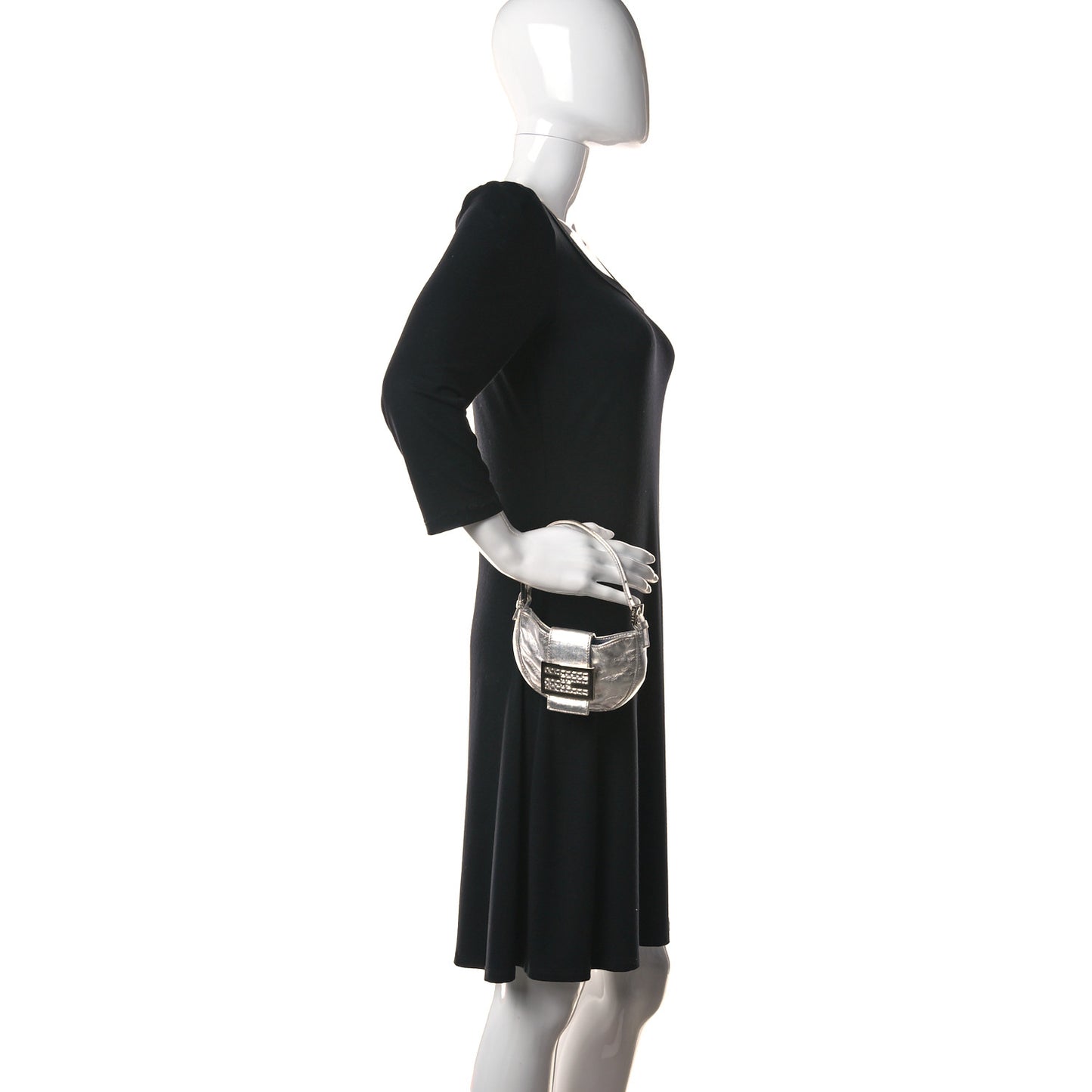 Metallic Calfskin Crystal Mini Half Moon Baguette Silver