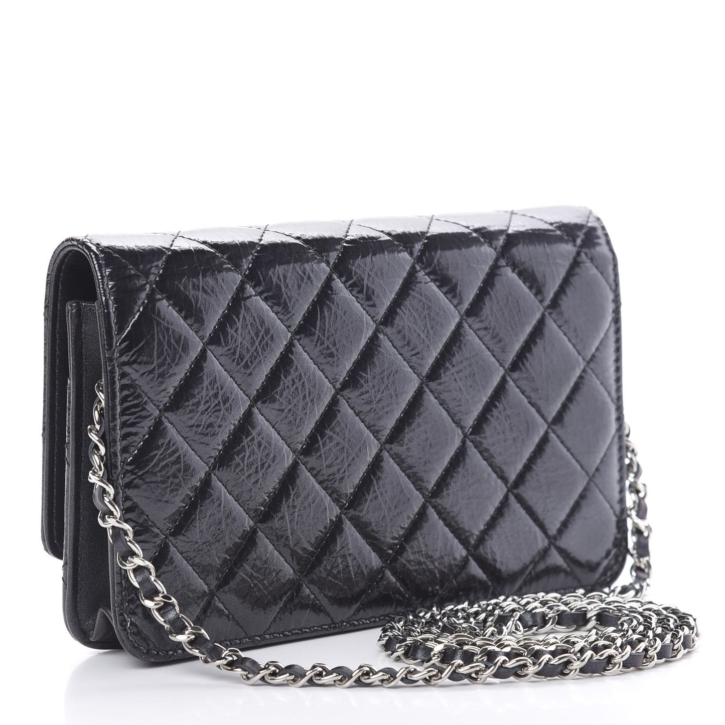 Patent Metallic Crumpled Calfskin Quilted Wallet On Chain WOC Navy
