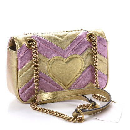 Gucci Metallic Calfskin Matelasse Mini GG Marmont Shoulder Bag Gold Pink 3 of 10