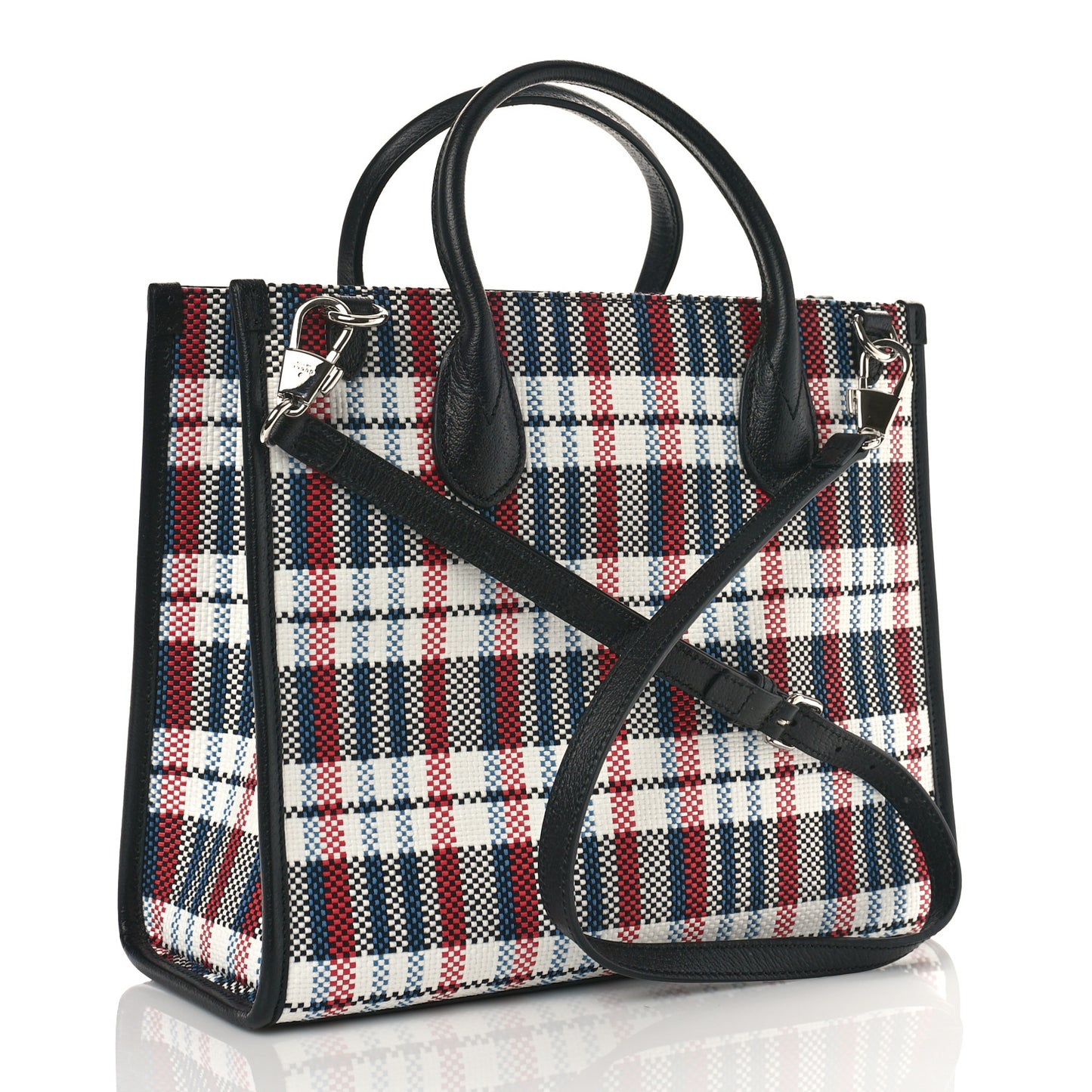 Canvas Plaid ICCUG Embroidered Small Tote Bag Black White Red Blue Smile Yellow