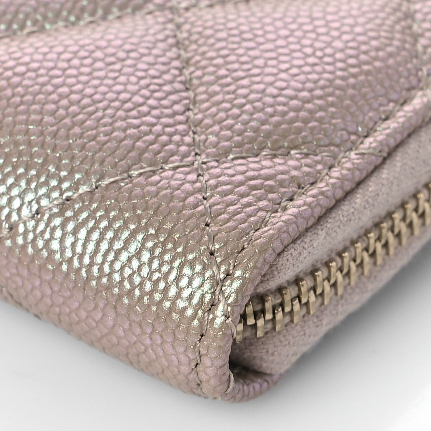 Iridescent Caviar Quilted Zipped Key Holder Case Beige