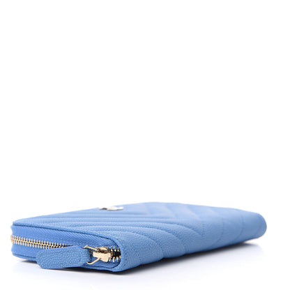 Chanel Caviar Chevron Quilted Small Zip Around Wallet Blue 4 of 8