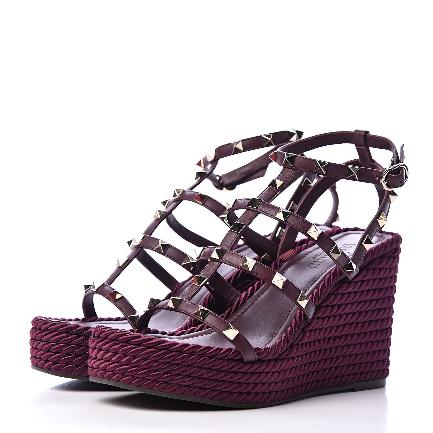 Calfskin Rockstud Ankle Strap Torchon Espadrille Caged 25/95mm Wedge Sandals 38 Rubin