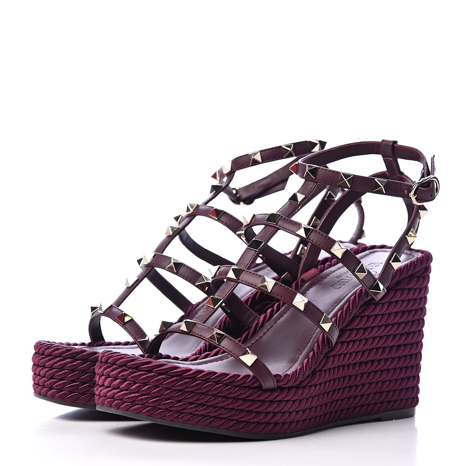 Valentino Garavani Calfskin Rockstud Ankle Strap Torchon Espadrille Caged 25/95mm Wedge Sandals 38 Rubin 3 of 13