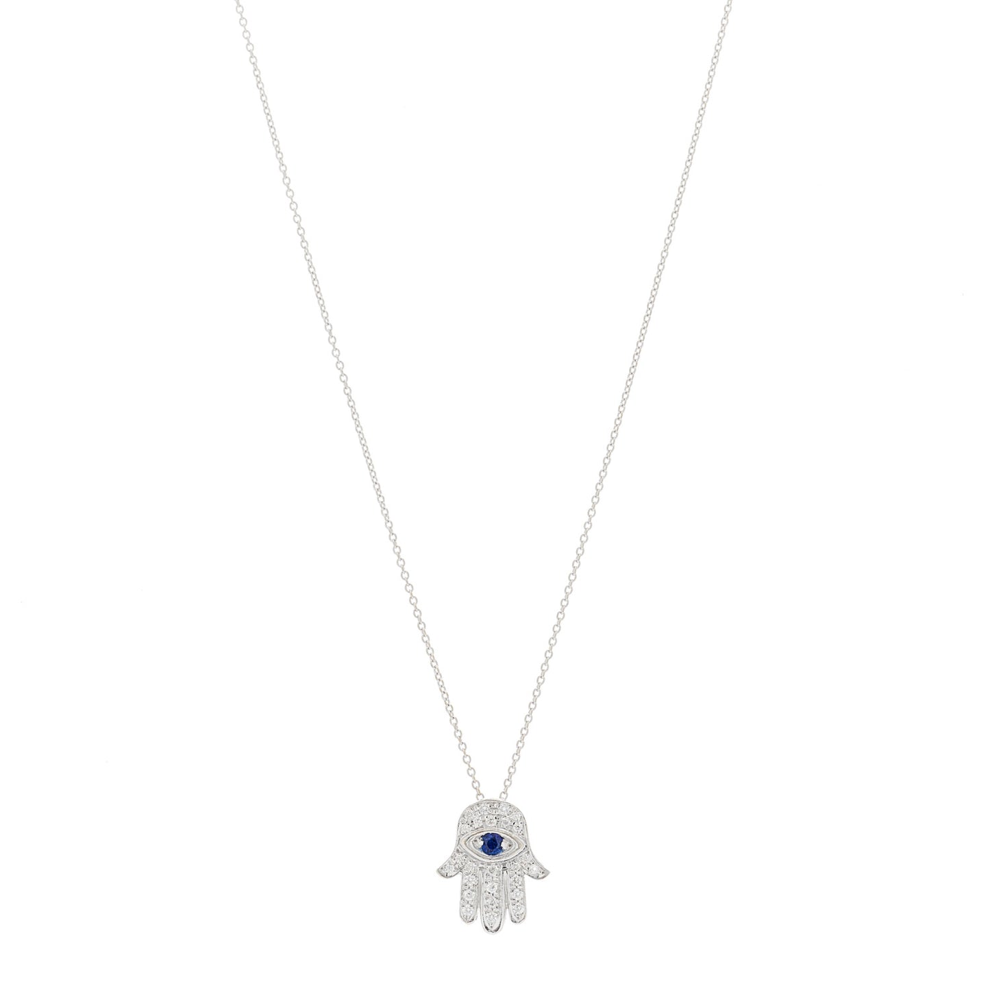 18K White Gold Diamond Blue Sapphire Hamsa Pendant Necklace