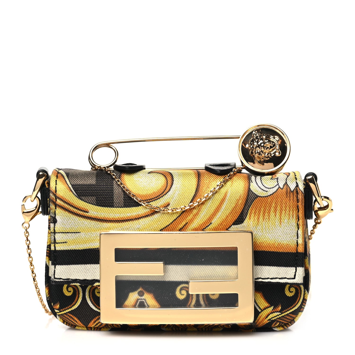 Fendi X VERSACE Silk Fendace FF Baroque Nano Brooch Baguette Black Gold 1 of 8