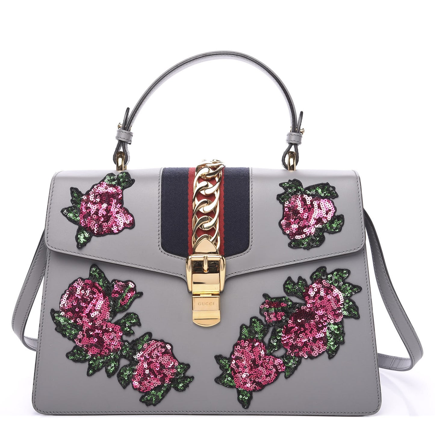 Calfskin Emboridered Medium Sylvie Top Handle Bag Deep Grey Multicolor