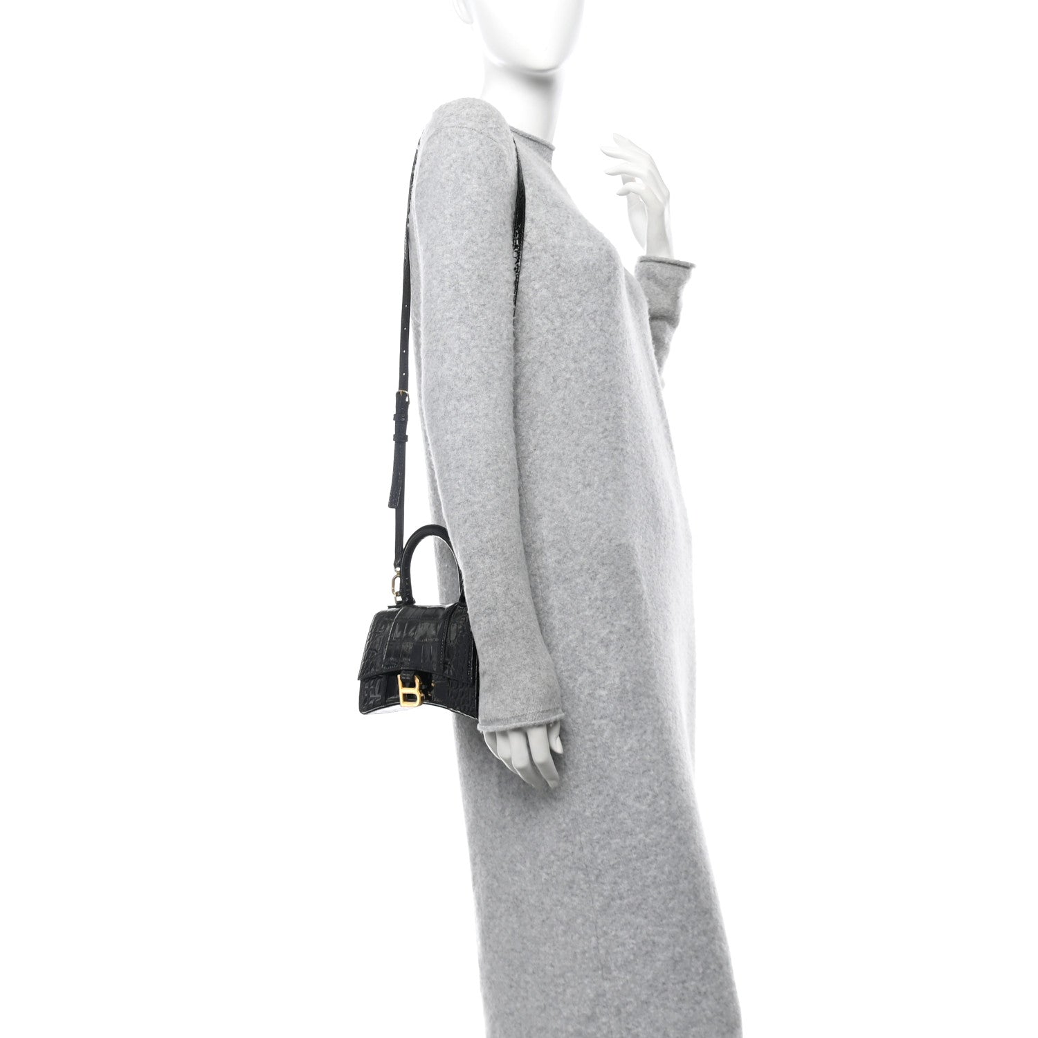 Balenciaga Shiny Calfskin Crocodile Embossed Hourglass Top Handle Bag XS Black 2 of 11