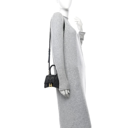 Balenciaga Shiny Calfskin Crocodile Embossed Hourglass Top Handle Bag XS Black 2 of 11