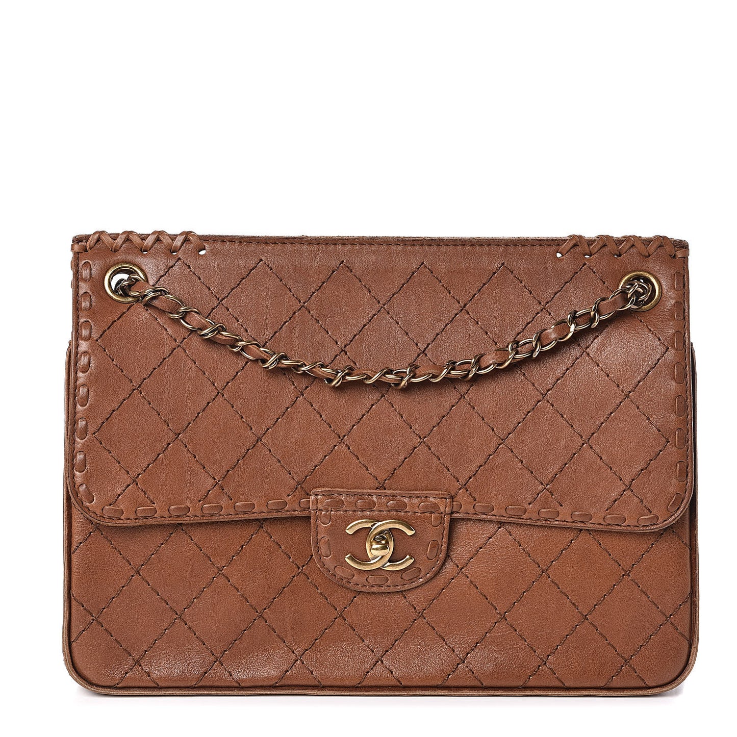Calfskin Stitched Large Vintage Flap Brown