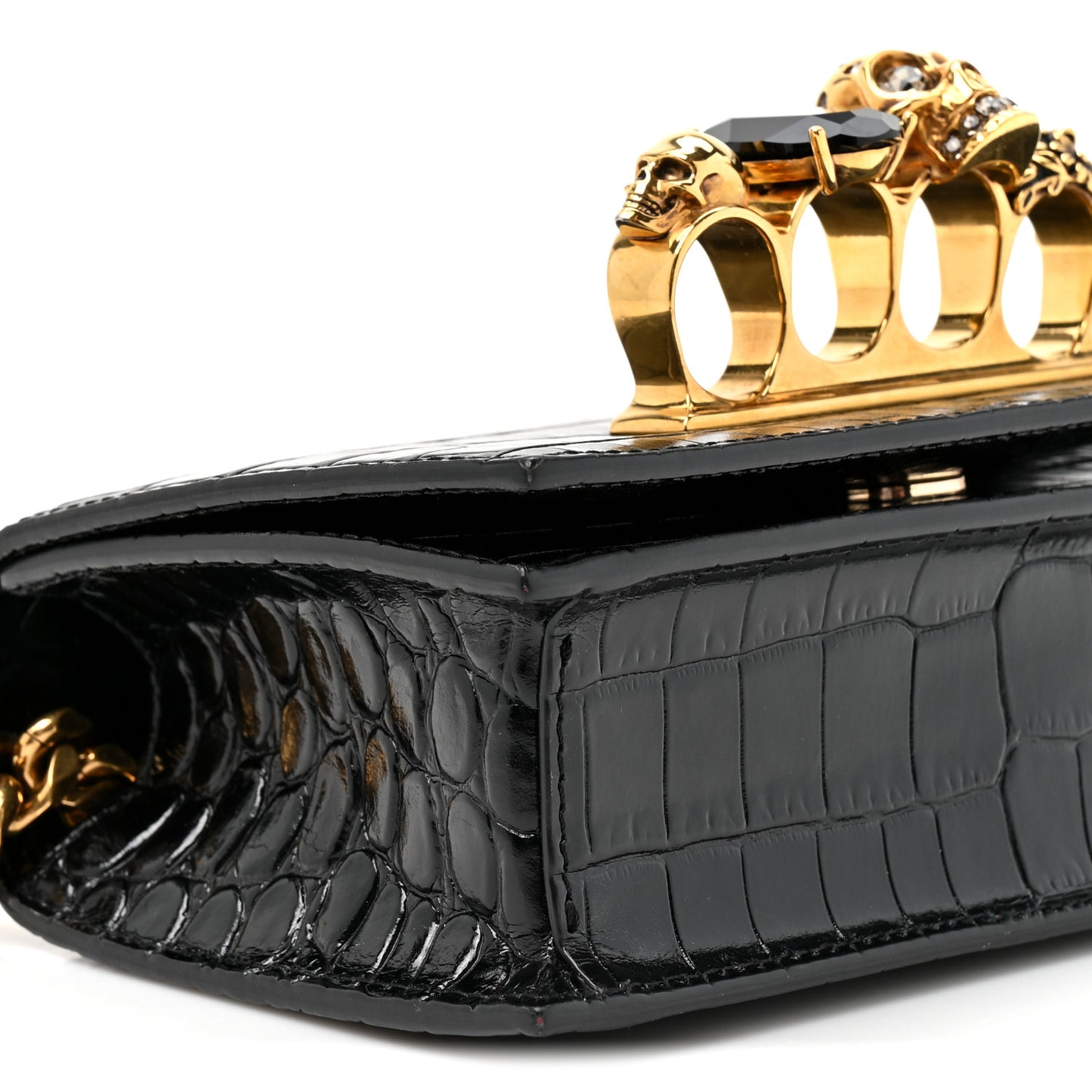 Shiny Crocodile Embossed Jeweled Satchel Black