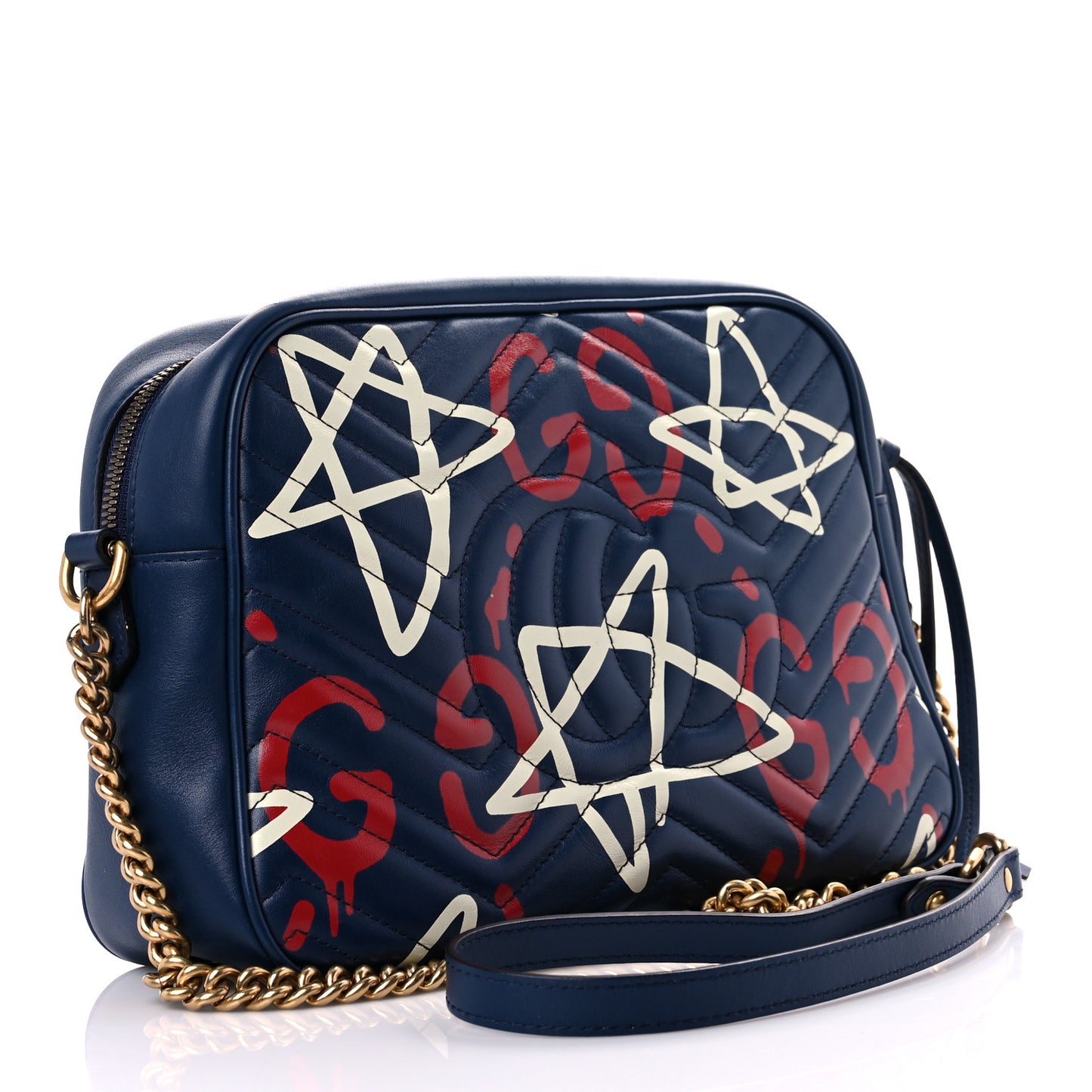 Calfskin Matelasse GucciGhost Medium GG Marmont Chain Shoulder Bag Blue Agata Hibiscus Red