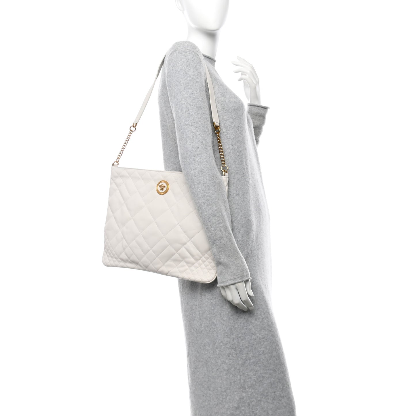 Calfskin Quilted La Medusa Chain Flat Shoulder Bag White