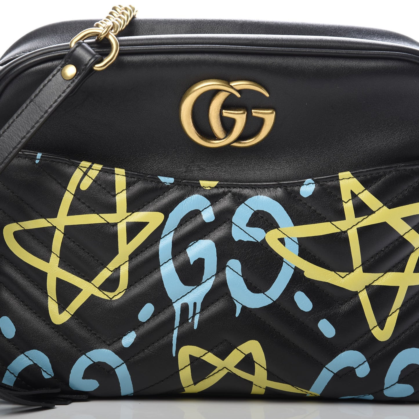Calfskin Matelasse GucciGhost Medium GG Marmont Chain Shoulder Bag Black New Acquamarine