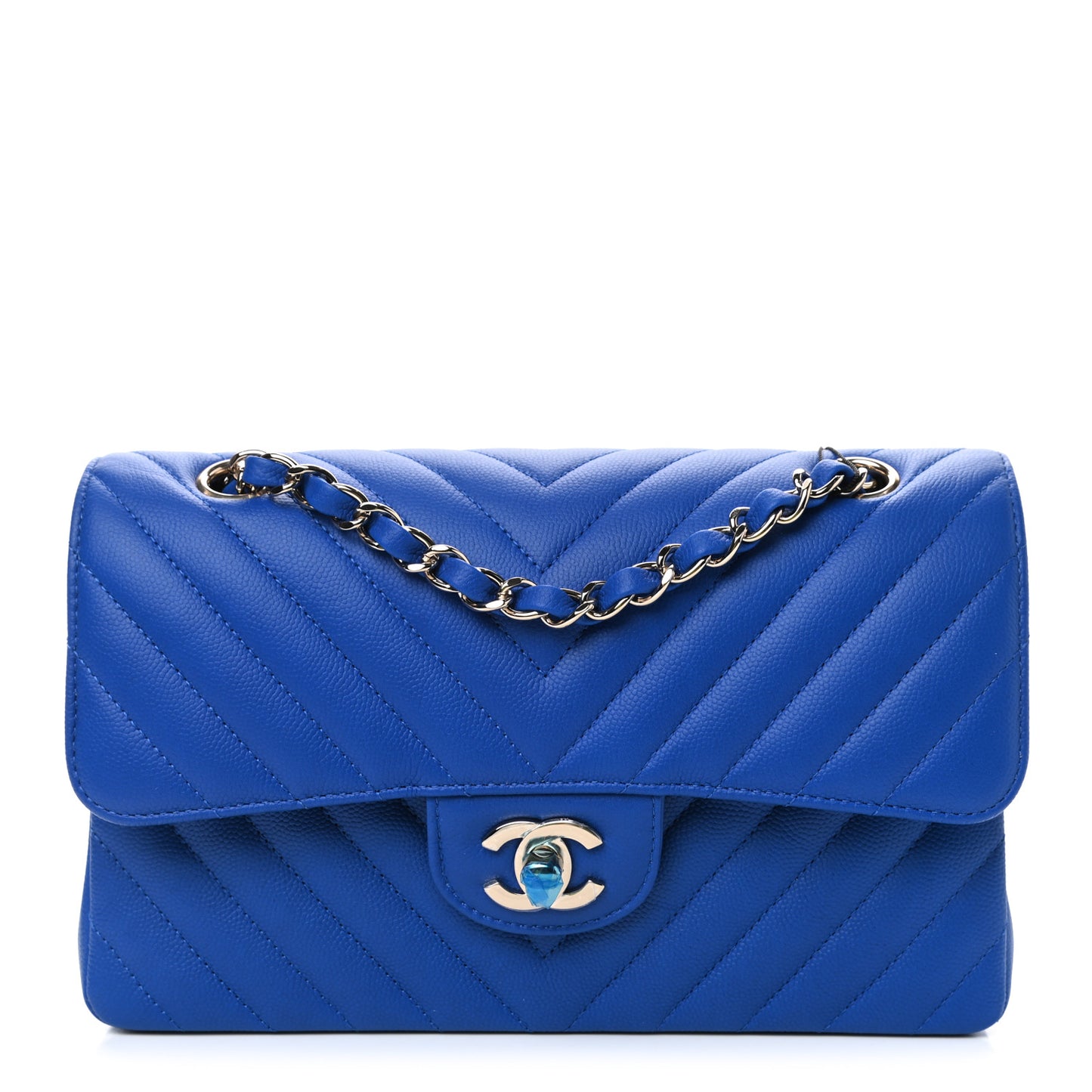 Caviar Chevron Quilted Small Double Flap Blue
