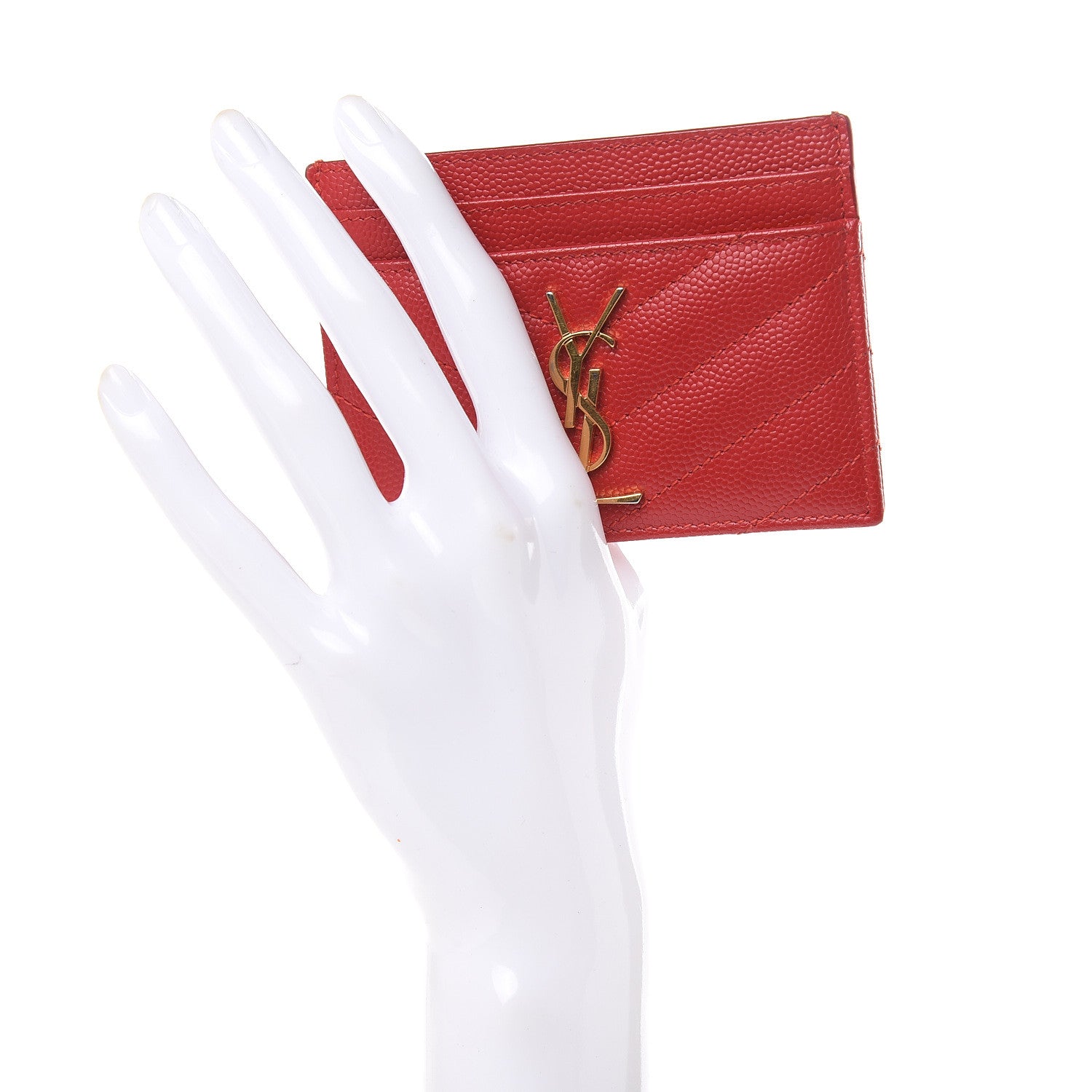 Saint Laurent Grain De Poudre Matelasse Chevron Monogram Credit Card Case New Red 2 of 10