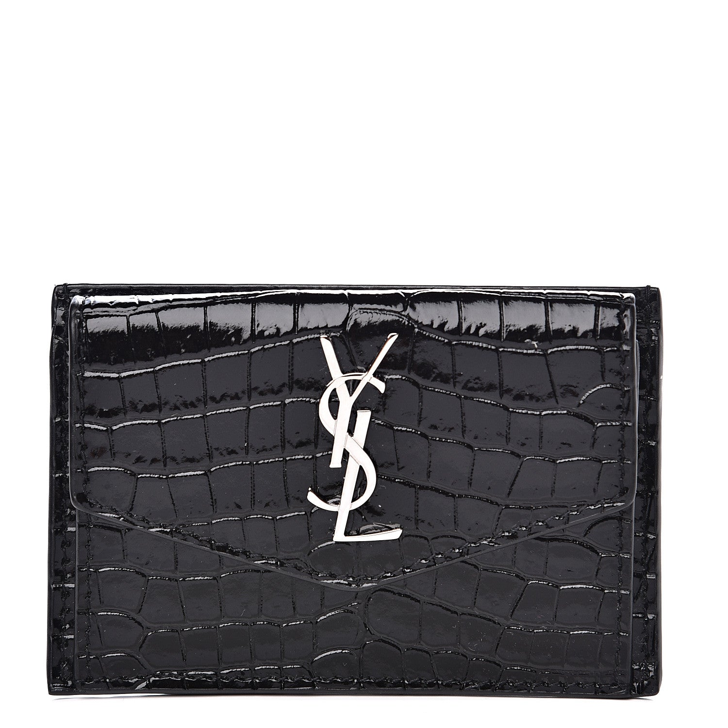 Saint Laurent Calfskin Crocodile Embossed Uptown Monogram Card Case Black 1 of 5