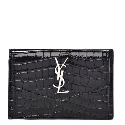 Saint Laurent Calfskin Crocodile Embossed Uptown Monogram Card Case Black 1 of 5