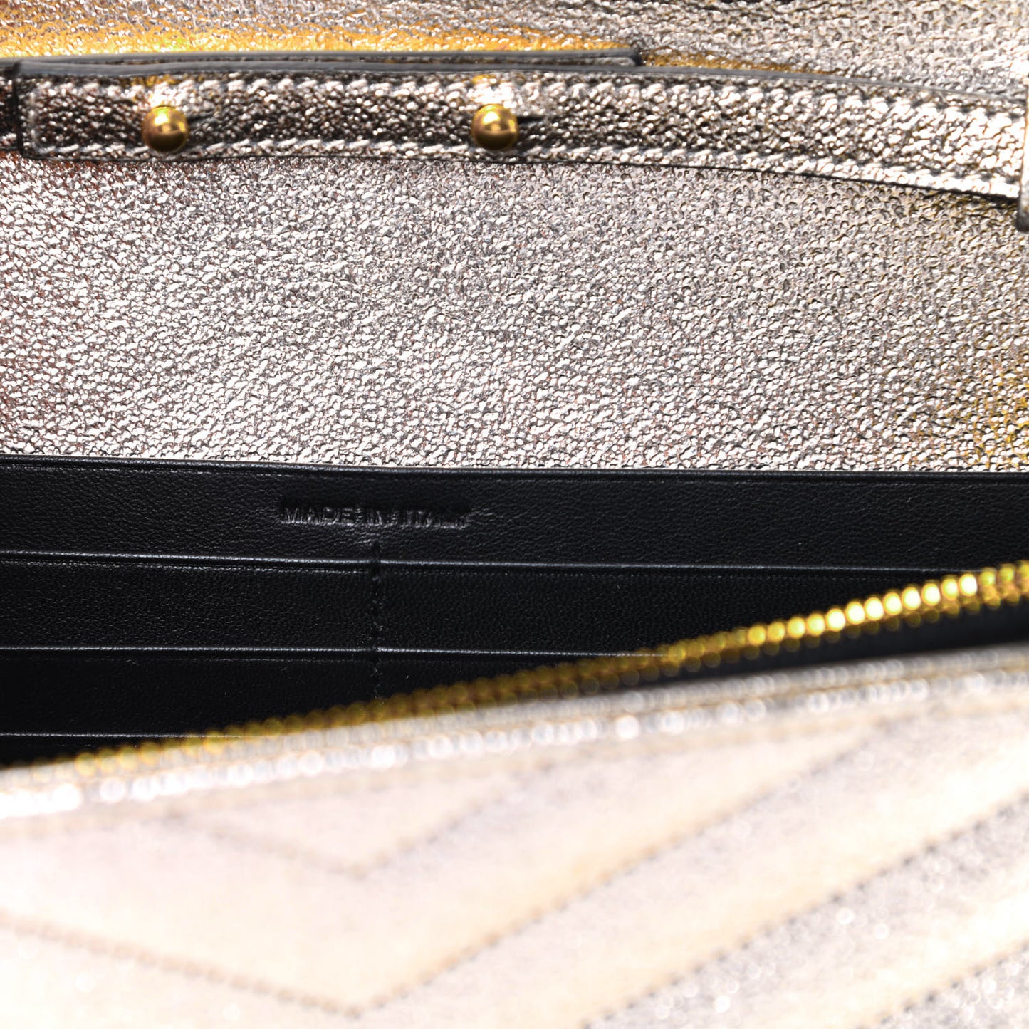Metallic Grain De Poudre Matelasse Chevron Monogram Chain Wallet Gold