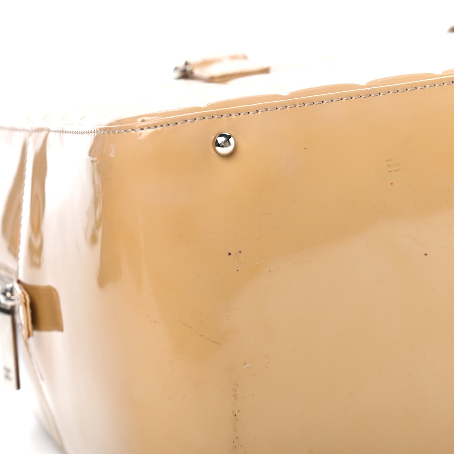 Patent Quilted Chocolate Bar Bowler Beige