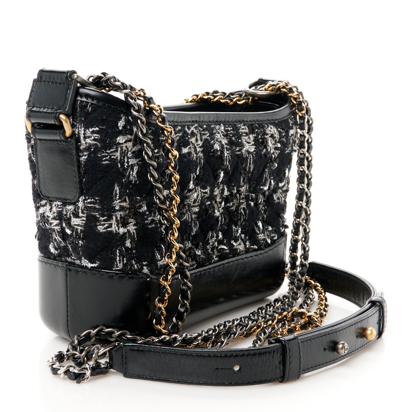 Tweed Calfskin Small Gabrielle Hobo Black Silver Ecru