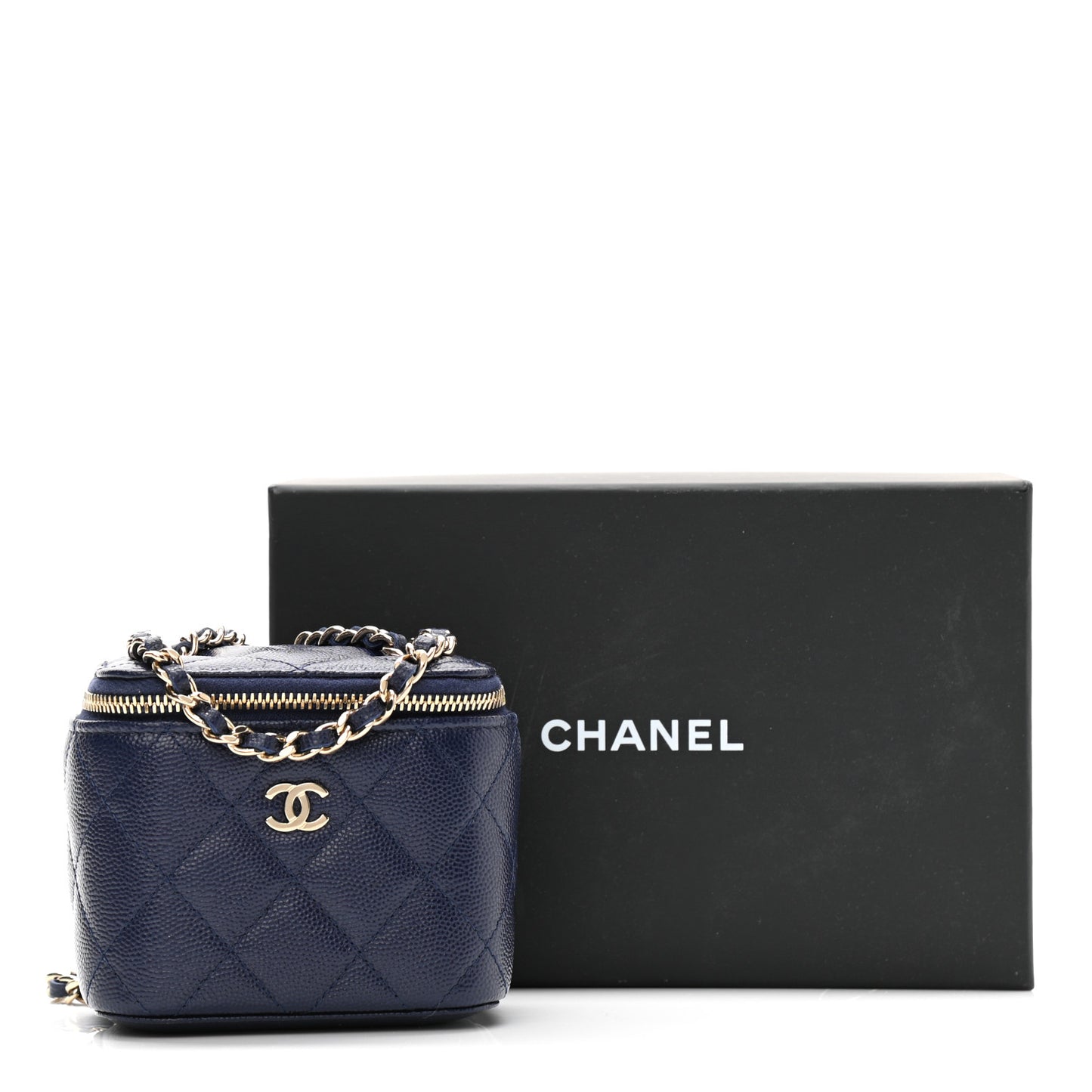 Caviar Quilted Mini Vanity Case With Chain Navy Blue
