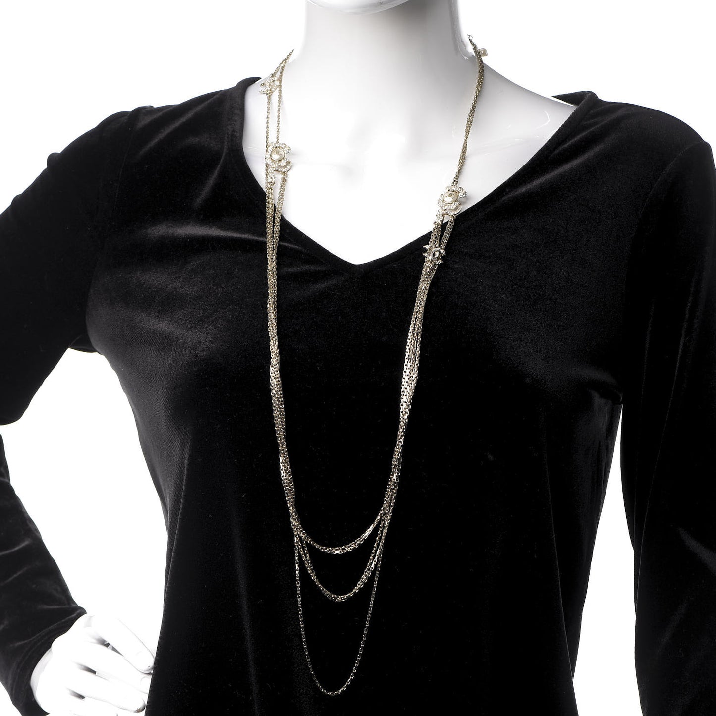 Crystal Pearl CC Long Multistrand Necklace Light Gold
