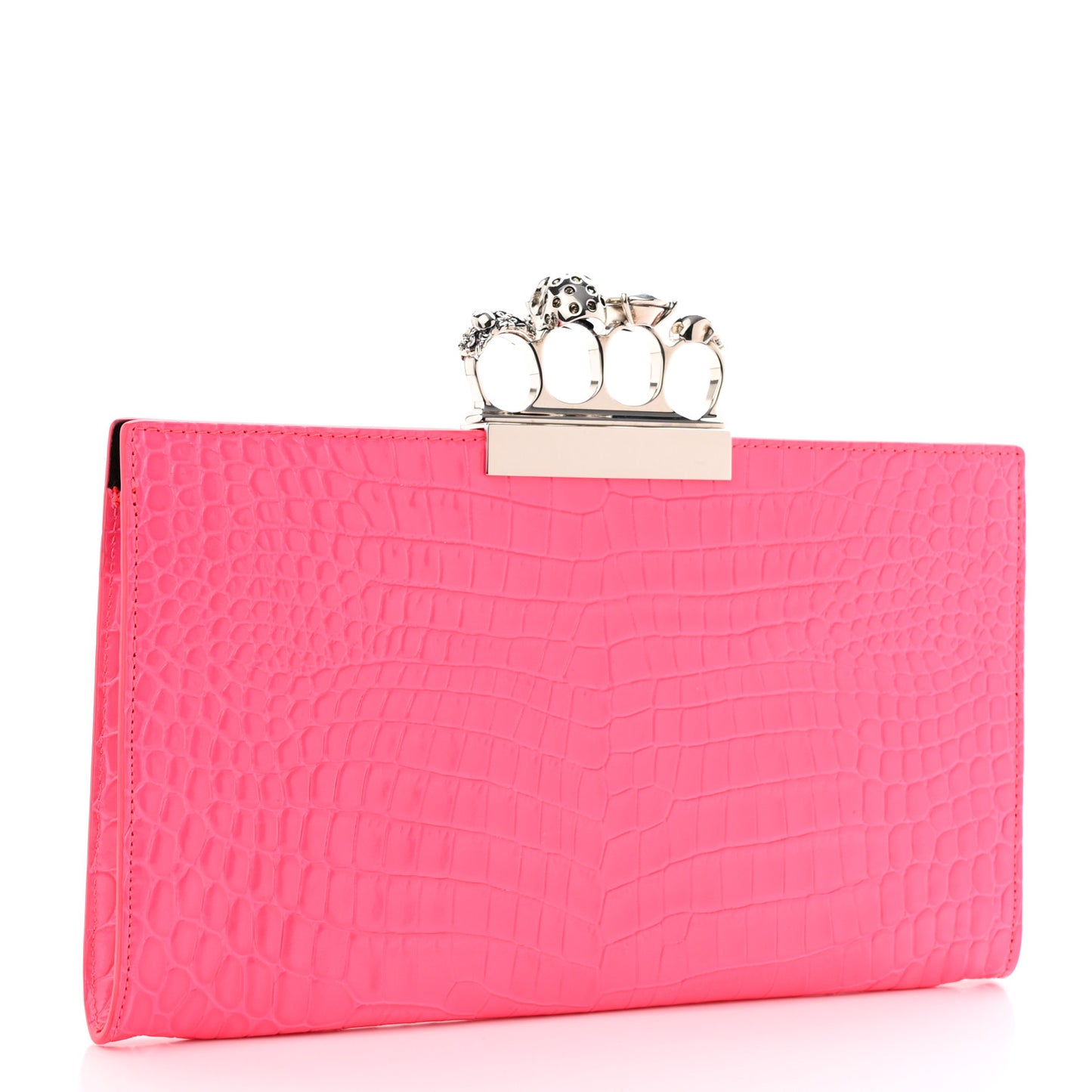 Calfskin Crocodile Embossed Knuckle Flat Clutch Neon Pink