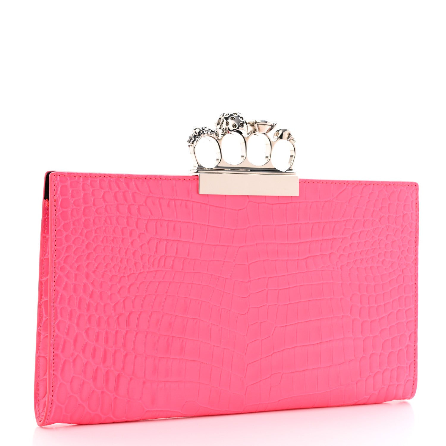 Alexander McQueen Calfskin Crocodile Embossed Knuckle Flat Clutch Neon Pink 3 of 10