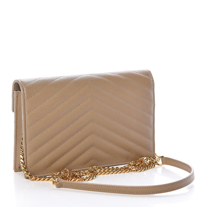 Saint Laurent Grain De Poudre Matelasse Chevron Monogram Envelope Chain Wallet Dark Latte 3 of 10