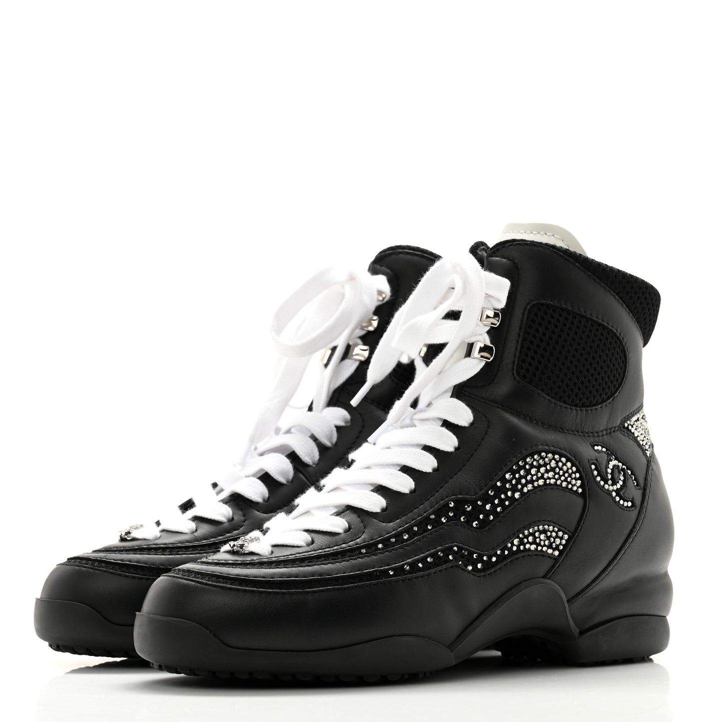 Calfskin Mesh Strass Womens CC Sneakers 38 Black Silver
