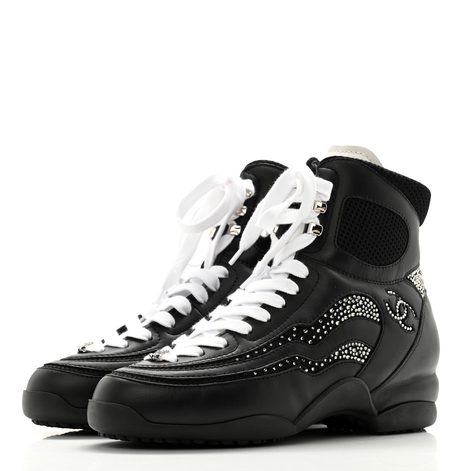 Chanel Calfskin Mesh Strass Womens CC Sneakers 38 Black Silver 3 of 8